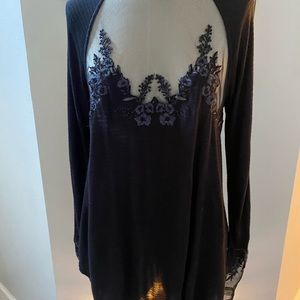 Free People sheer embroider floral black top Size S